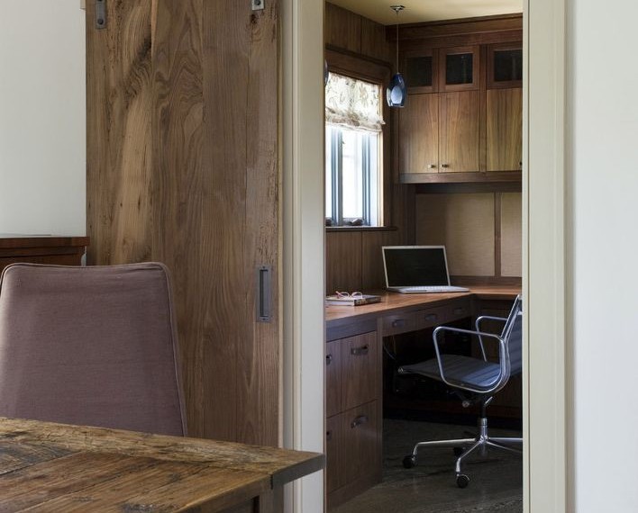 Inside Sliding Barn Doors Rustic Home Office with Dark Wood Cabinets