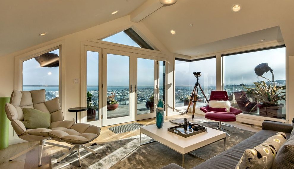 Jeld Wen Garden Window Contemporary Living Room with Natural Wood Floor