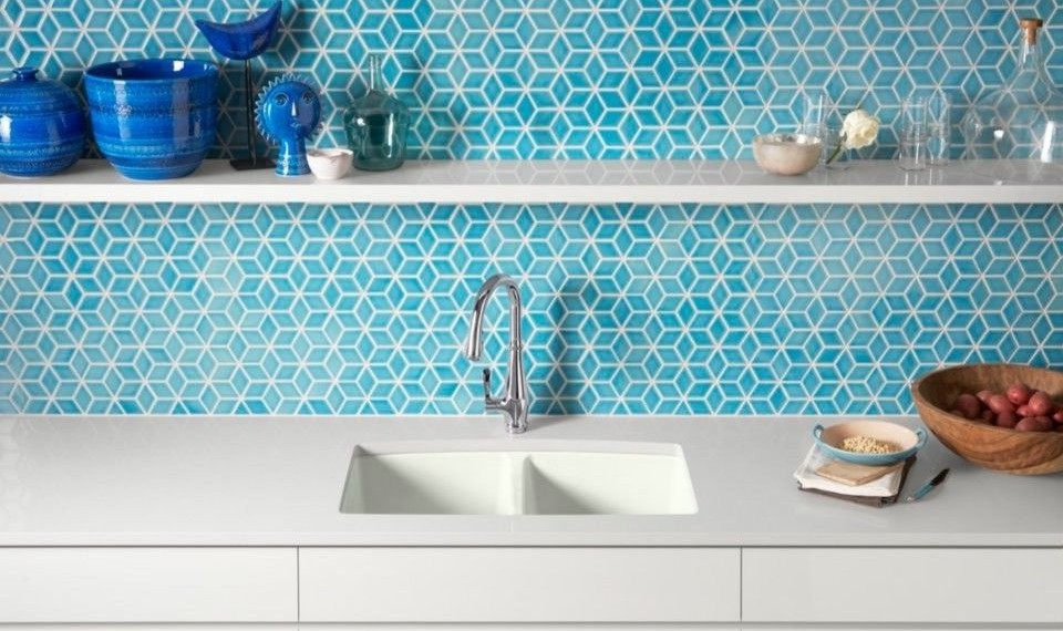 Kohler Cast Iron Sink Contemporary Kitchen with Geometric Tile