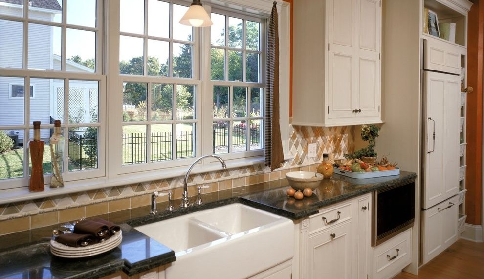 Kohler Cast Iron Sink Traditional Kitchen with Tile Backsplash