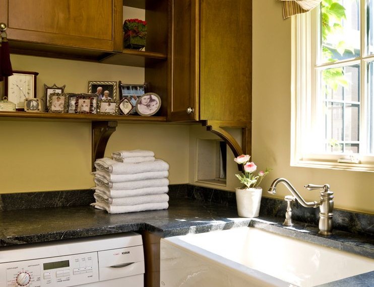 Kohler Cast Iron Sink Traditional Laundry Room with Shelves