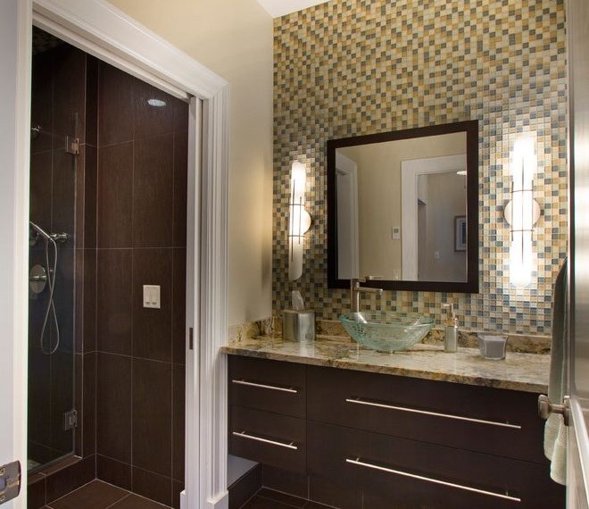 Kraus Sink Contemporary Bathroom with Mosaic Tile
