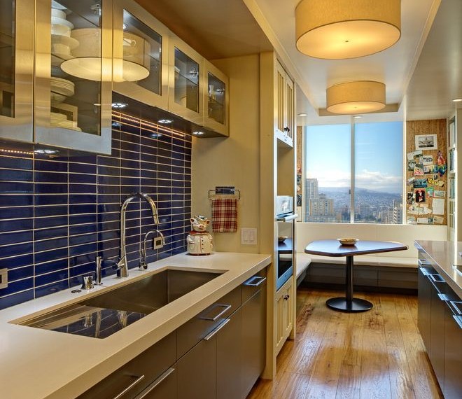 Kraus Sink Contemporary Kitchen with Hand Scraped Flooring