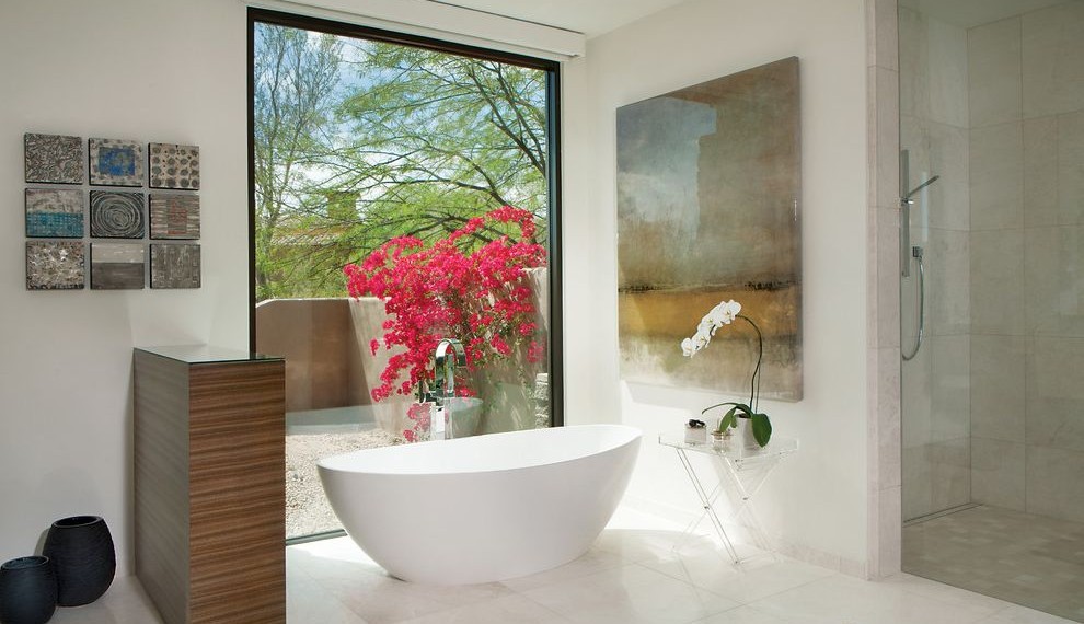 Large Retaining Wall Blocks Contemporary Bathroom with Lots of Natural Light