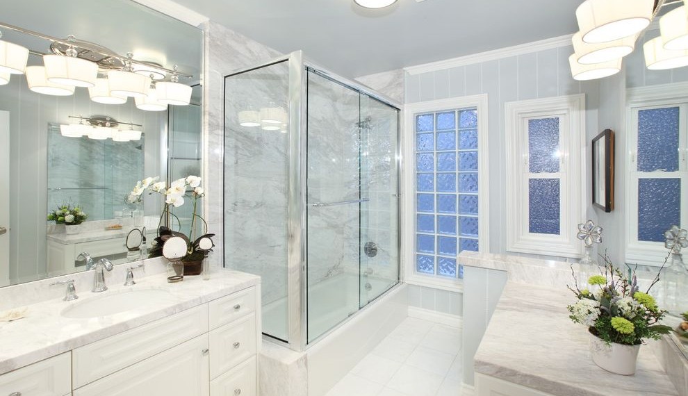 Low Profile Bookshelf  Bathroom with Gray Striped Wallpaper