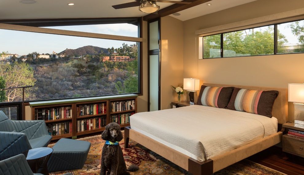Low Profile Bookshelf Contemporary Bedroom with Ceiling Fan