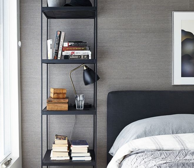 Low Profile Bookshelf Contemporary Bedroom with Gray Accent Wallpaper Wall
