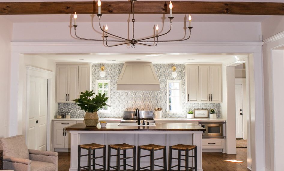 Low Profile Bookshelf Farmhouse Kitchen with Large Kitchen Island