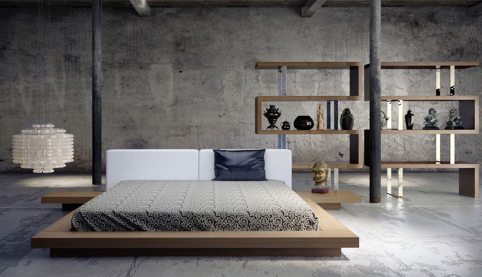 Low Profile Bookshelf Modern Bedroom with High Ceilings