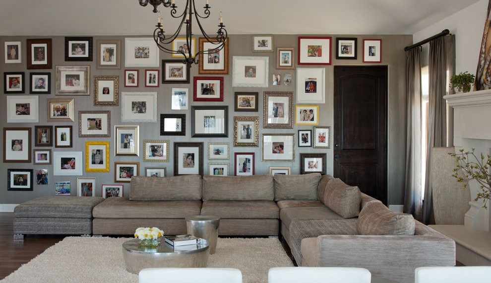 Matted Picture Frames Contemporary Family Room with Wood Floor