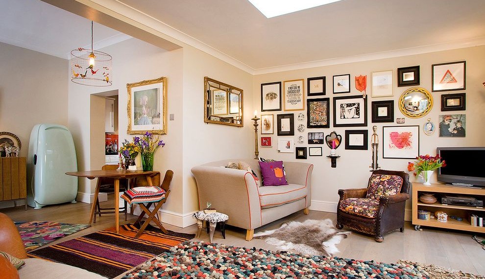 Matted Picture Frames Eclectic Living Room with Sky Light