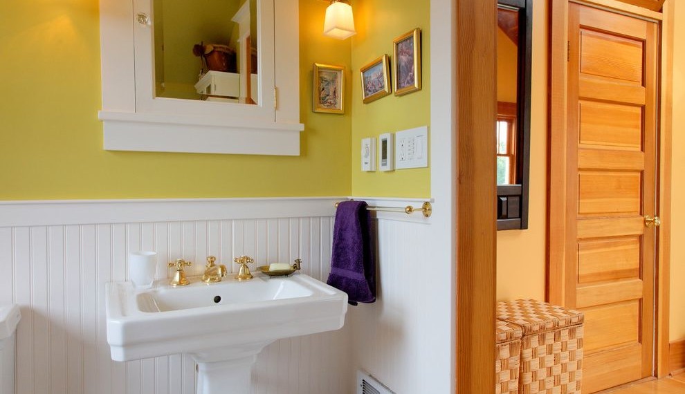 Medicine Cabinets Recessed Craftsman Bathroom with Beadboard Wainscot