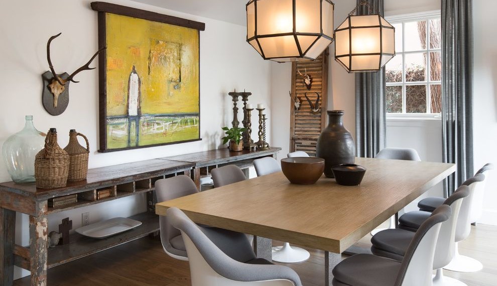 Metal Picnic Tables Transitional Dining Room with Gray Curtains