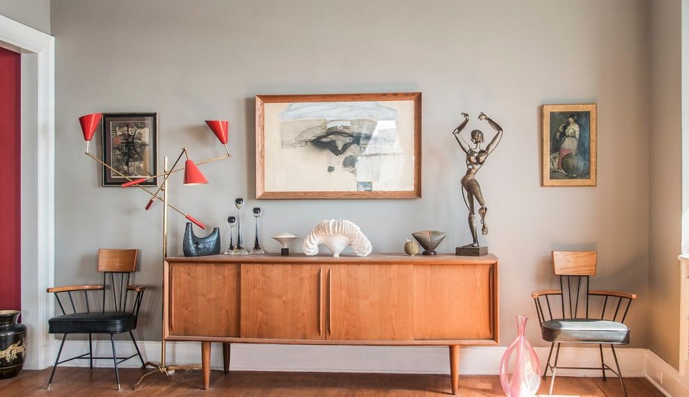 Mid Century Credenza Eclectic Living Room with Grey