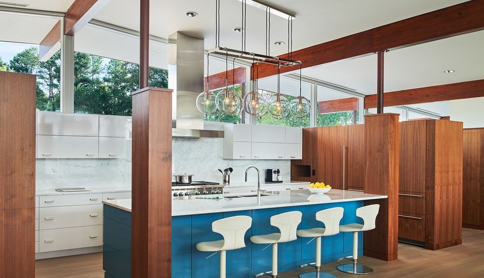 Mid Century Credenza Midcentury Kitchen with High Gloss Blue Island