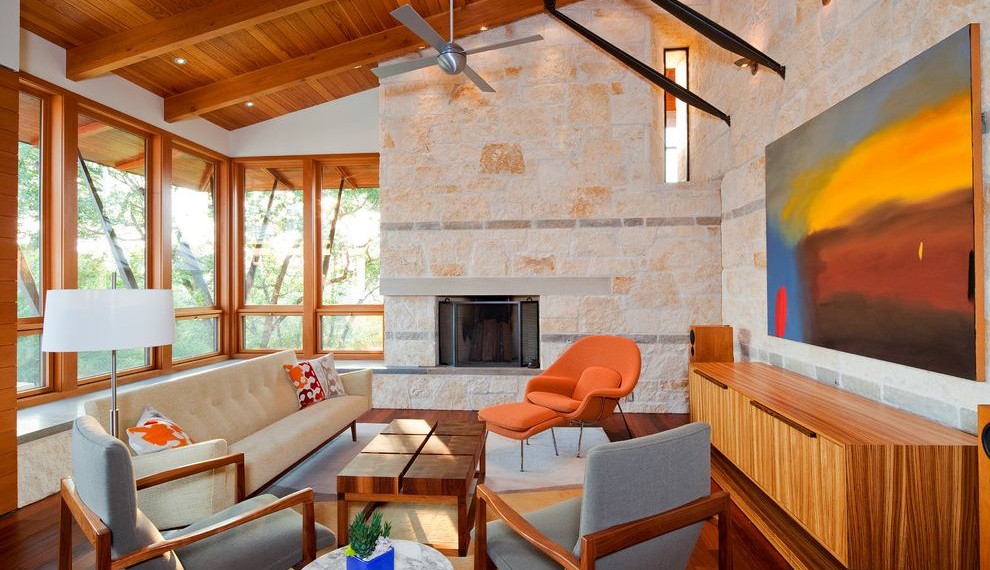 Mid Century Modern Armchair Contemporary Family Room with Rafters
