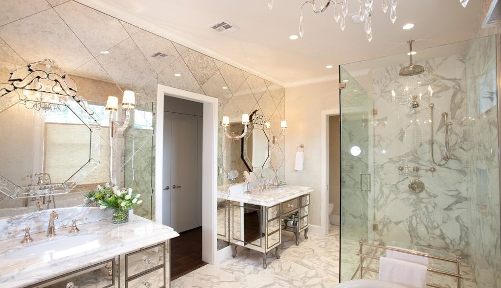 Mirrored Bathroom Vanity Contemporary Bathroom with Crystal Chandelier