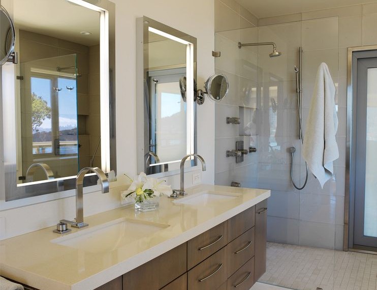 Mirrored Bathroom Vanity Contemporary Bathroom with Silver Cabinet Hardware