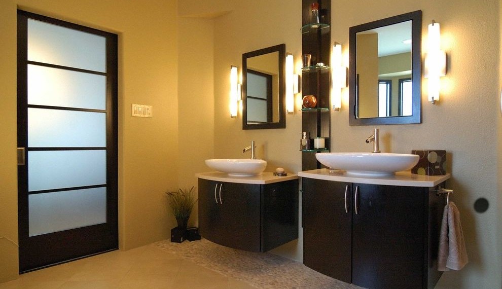 Mirrored Bathroom Vanity Contemporary Bathroom with Vessel Lav