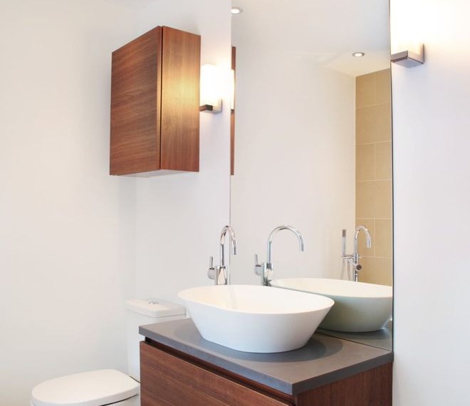 Mirrored Bathroom Vanity Contemporary Bathroom with Wall Sconce