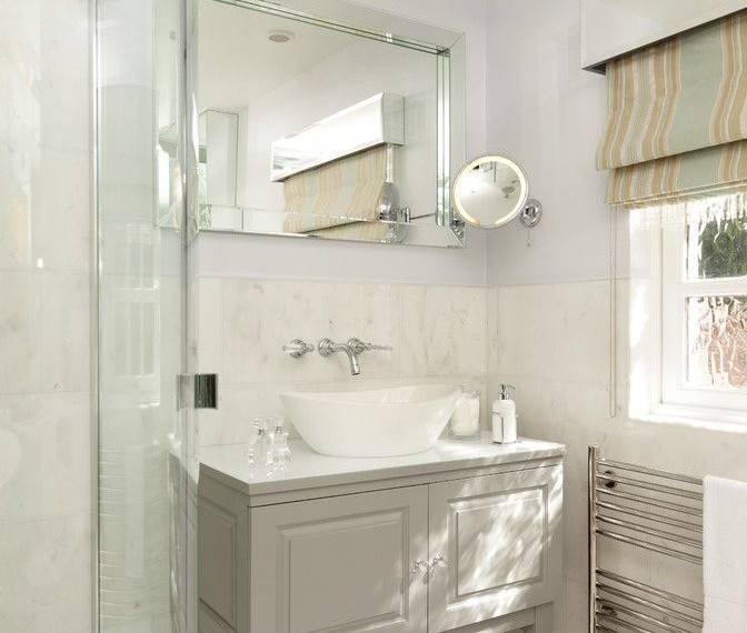 Mirrored Bathroom Vanity Traditional Bathroom with Roman Blinds