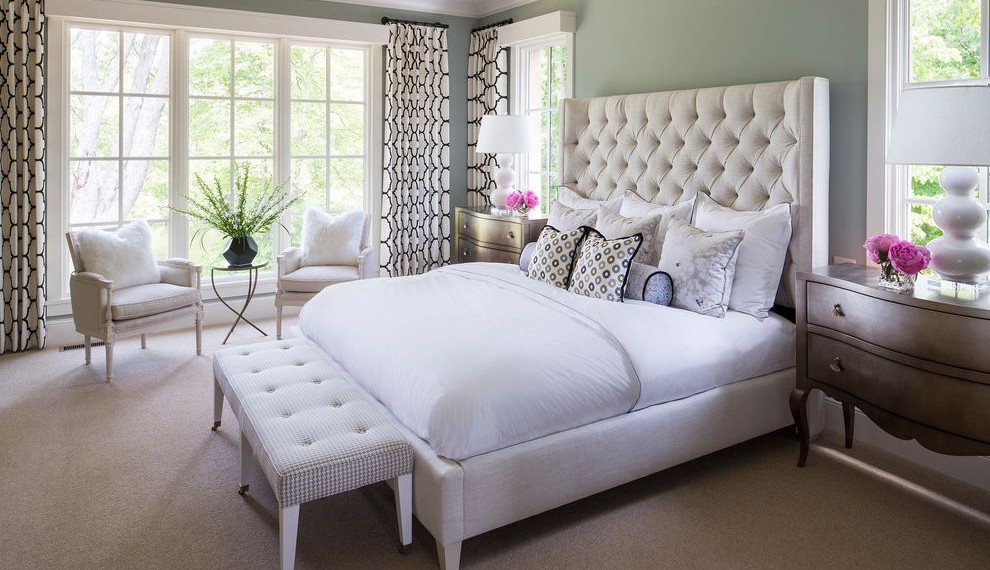 Mitre Saw Stand Transitional Bedroom with White Armchairs