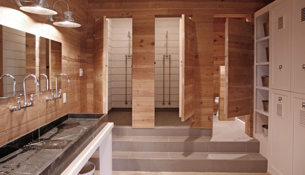 Mold Resistant Drywall Contemporary Bathroom with Wood Panels