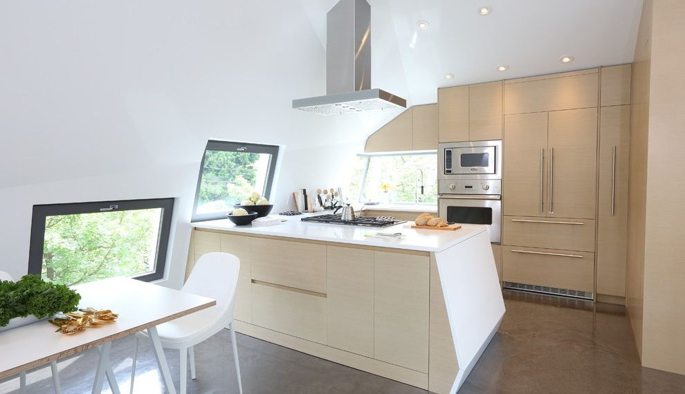 Quartz Counters Contemporary Kitchen with Sloped Ceiling