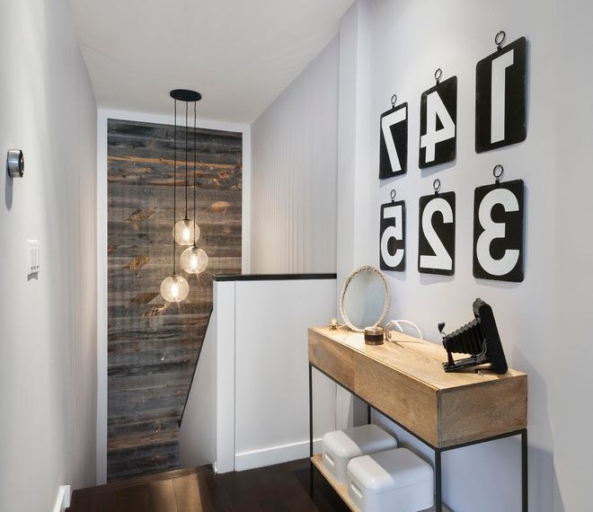 Reclaimed Wood Dresser Contemporary Hall with Wood Accent Wall