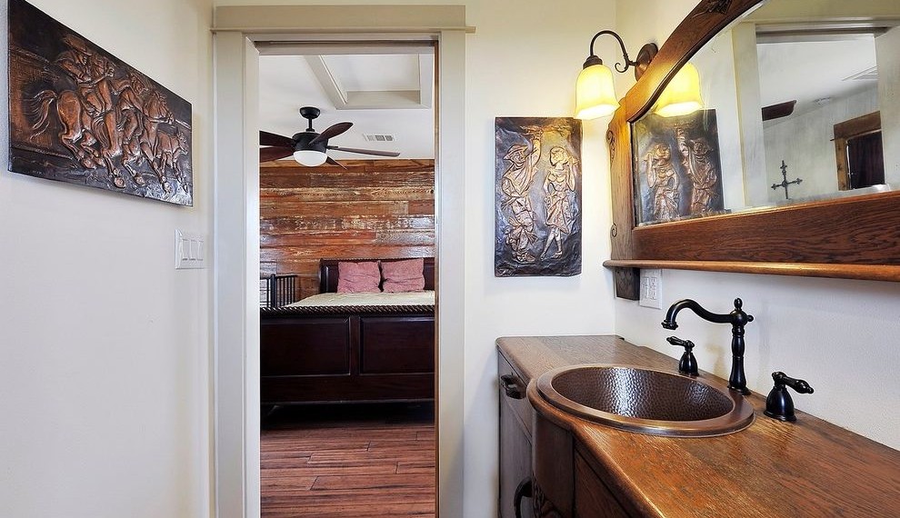 Reclaimed Wood Dresser Craftsman Bathroom with Sleigh Bed
