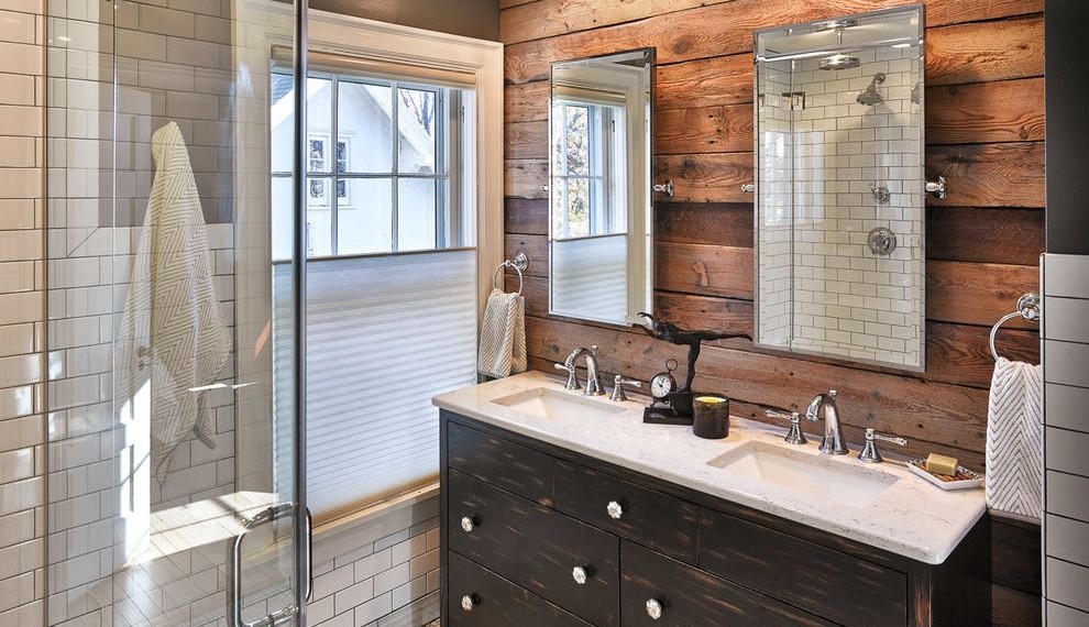 Reclaimed Wood Dresser Rustic Bathroom with Bottom Up Top Down Shade