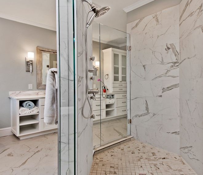 Reclaimed Wood Dresser Transitional Bathroom with Serene