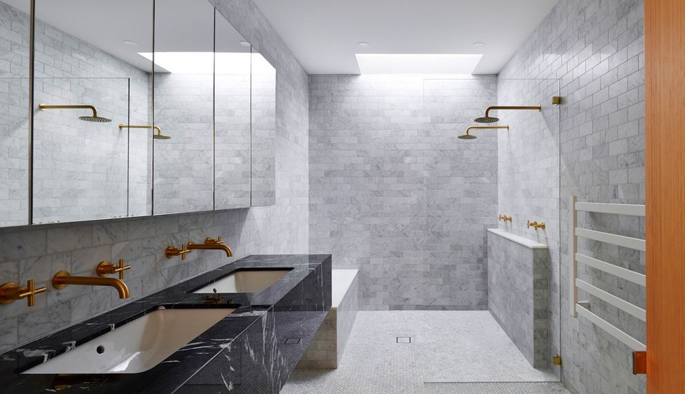 Retrofit Shower System Contemporary Bathroom with Shower Bench Seat
