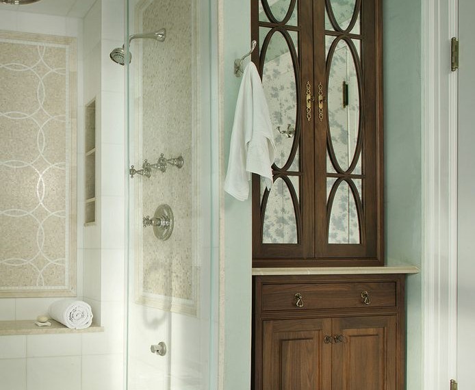 Retrofit Shower System Traditional Bathroom with Antique Mirror Door Inserts