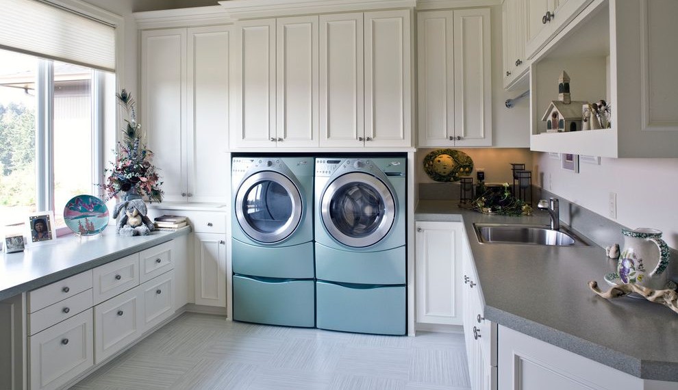Ridge Vent Installation Traditional Laundry Room with Square Tile Floor
