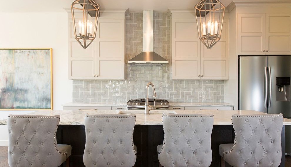 Ridge Vent Installation Transitional Kitchen with Graphic Structured Pendants