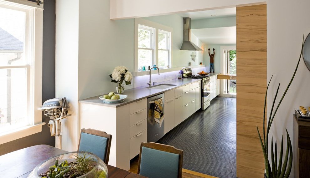 Rubber Garage Flooring Contemporary Kitchen with Pocket Door