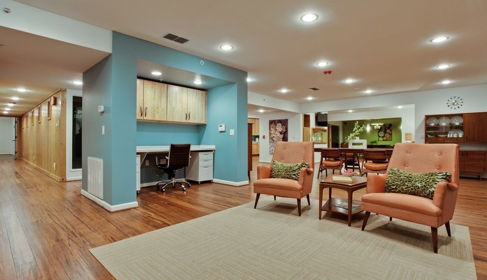 Rubber Garage Flooring Midcentury Living Room with Desk