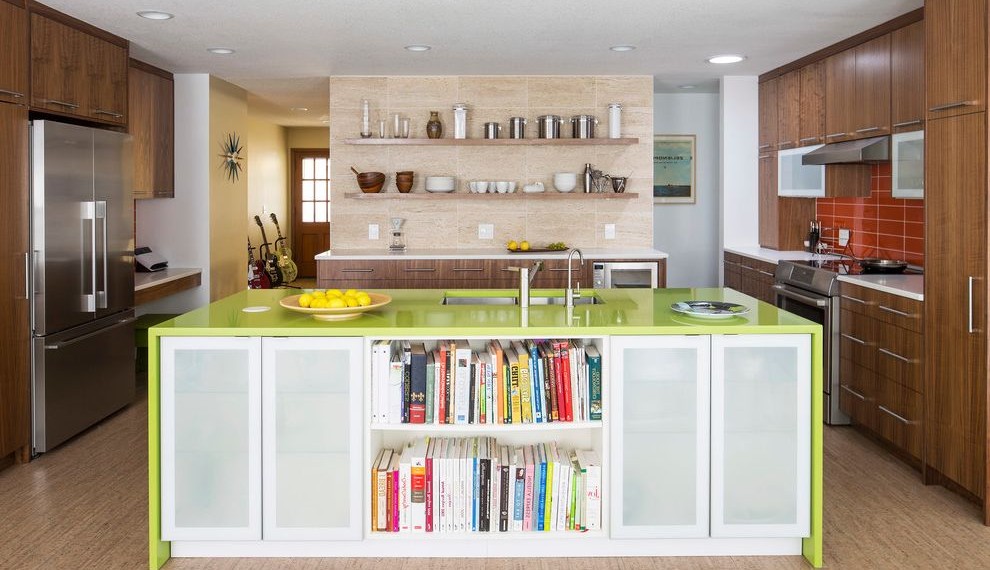 Rust Stain Remover Midcentury Kitchen with Waterfall Edge Countertop