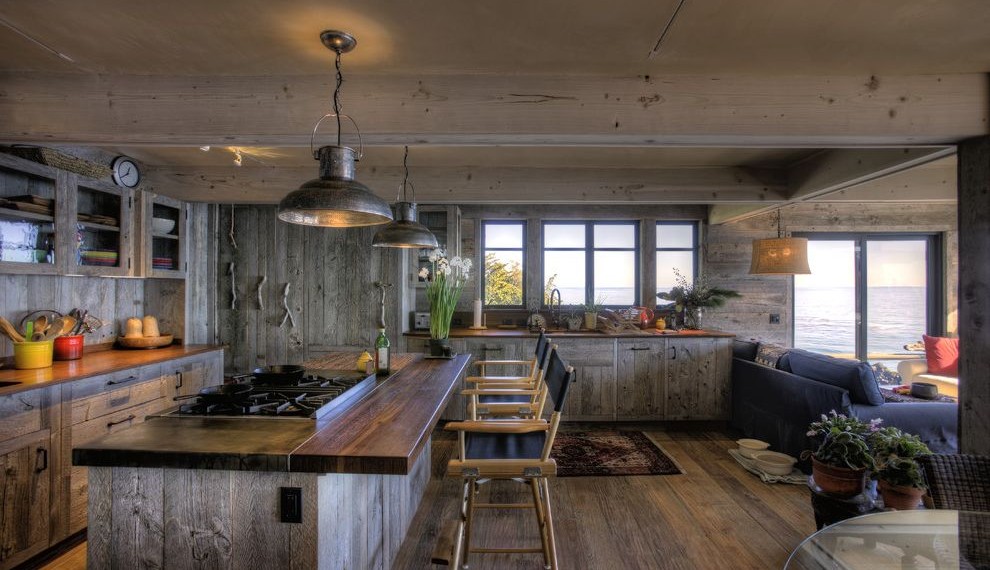 Rustic Bar Lights Beach Style Kitchen with Wood Countertop