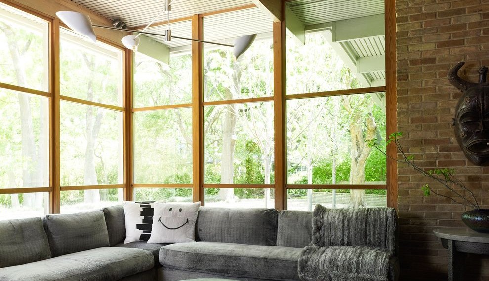 Rustic Bar Lights Midcentury Living Room with Natural Wood Beams