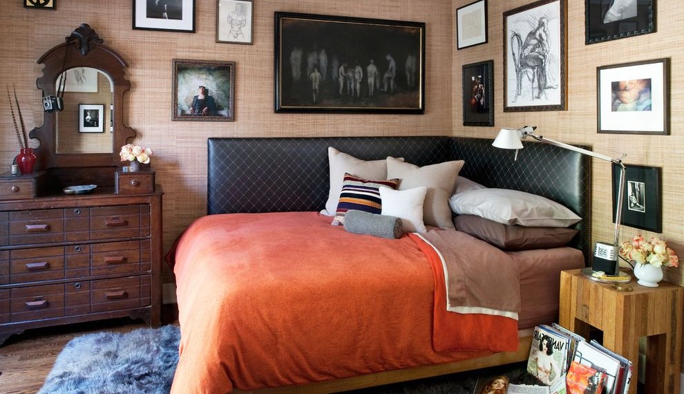 Rustic King Bed Frame Eclectic Bedroom with Magazine Rack