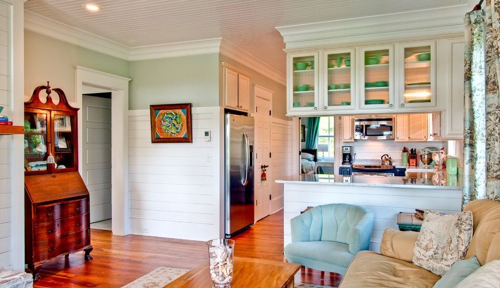 Sheetrock Knife Victorian Living Room with Glass Upper Cabinets