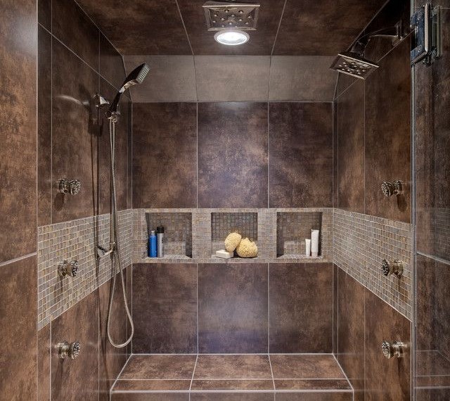 Shower Head with Hose Contemporary Bathroom with Brown Mosaic Tile Shower