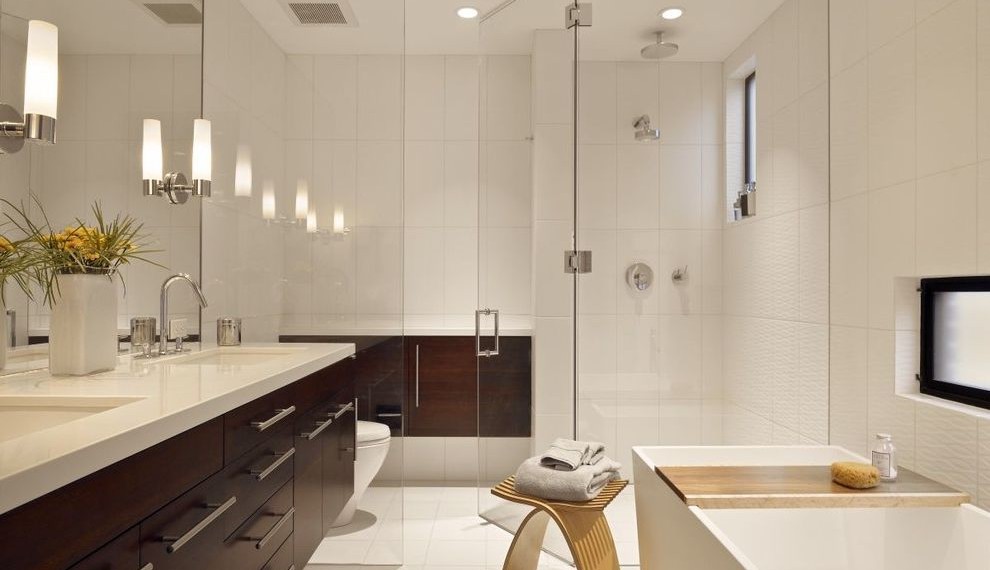 Shower Head with Hose Contemporary Bathroom with Wallpaper