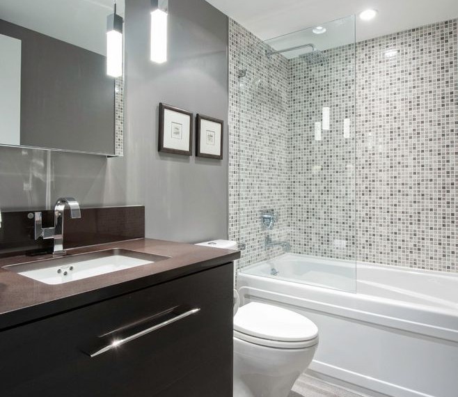 Shower Tub Inserts Contemporary Bathroom with Pendant Lighting