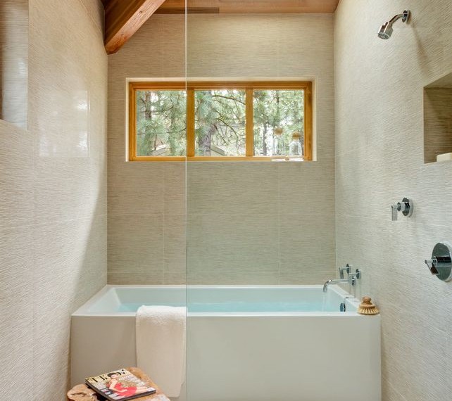 Shower Tub Inserts Modern Bathroom with Wood Ceiling