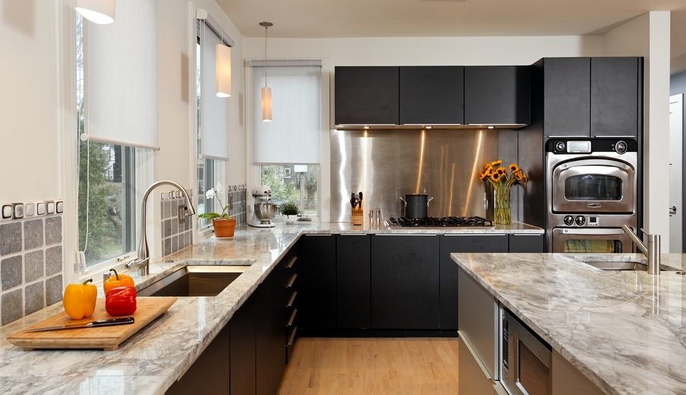 Stainless Steel Gas Range Transitional Kitchen with Flush Cabinets
