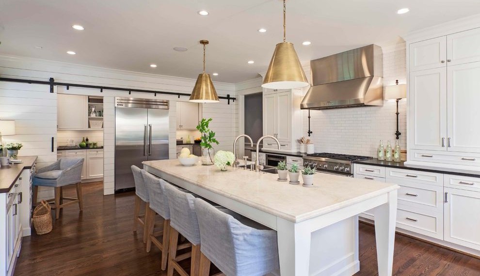 Stainless Steel Gas Range Transitional Kitchen with Large Stainless Steel Hood Fan
