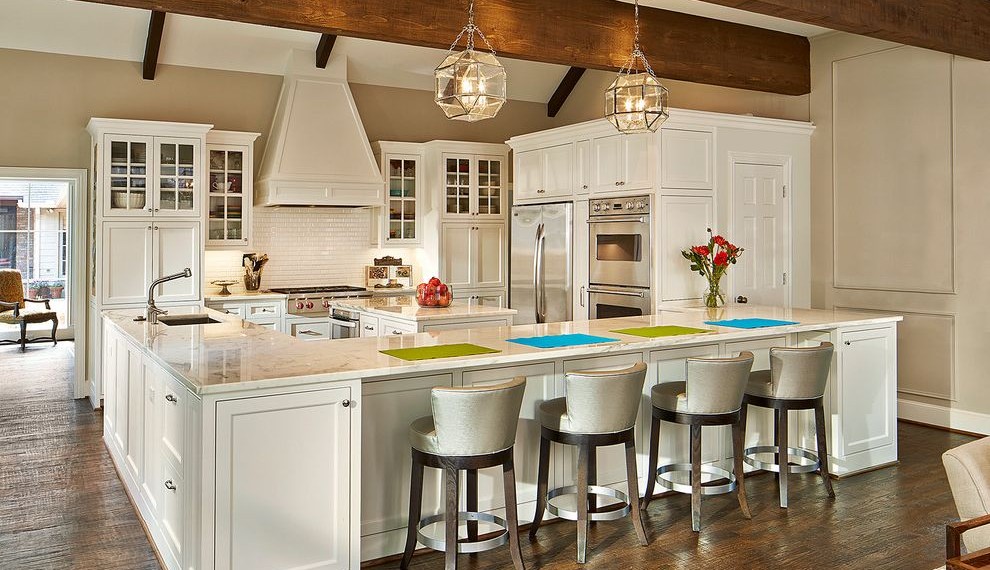 Stainless Steel Gas Range Transitional Kitchen with Wood Floors
